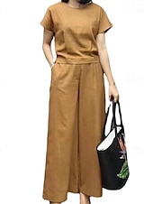 abordables Ensembles-Femmes Mode Streetwear Ensembles en coton et lin Ensembles deux pièces Ensembles de Pantalons Manche Courte Col ras du cou Uni Tenue quotidienne Date Jaune Bleu Marron Été Coupe régulière