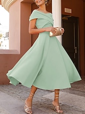abordables Robes de cocktail-Robes de cocktail en A mariage à la plage robe élégante longueur thé sans manches épaule dénudée invité d&#039;automne tissu extensible avec fente froncée robes Derby 2025