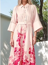 preiswerte Teelänge-A-Linien Mutter der Braut Hemd Kleid Elegantes Einfach Minimalistisch Blumenmuster Tee-Länge Satin 3/4 Länge Ärmel Rosa Kleid mit Gürtel  Band Knöpfen Hochzeitsgast Kleid