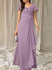 abordables Robes pour invitées de mariage-Robes de fête pour invité de mariage A-Line robe élégante longueur de sol à manches courtes décolletée en V en chiffon avec plis et volants
