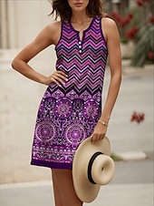 preiswerte Boho Kleider-Damen Minikleid Sommerkleid Shiftkleid Schulterfreies Kleid Urlaub Lässig Formpassend Grafik Böhmische Boho Ärmellos V Ausschnitt Rote Blau Purpur Grün Sommer Frühling