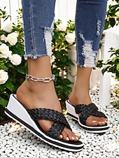 billige Uformelle sandaler-kvinners vevde sandaler med kile – uformelle sandaler med kryssreim med åpen tå for sommer og ferie