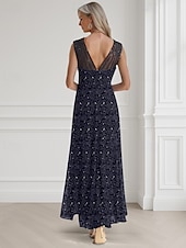 preiswerte Bodenlänge-A-Linie Perlen Blau Mutter der Braut Kleid Elegant Luxuriös Illusions-Ausschnitt Bodenlänge Chiffon Ärmellos mit Spitzenperlen Pailletten