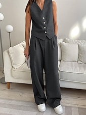 abordables Ensembles chemisiers pour femmes-Femmes Actif Mode Chemisier Gilet Ensembles de Pantalons Sans manches Col en V Couleur Unie Dubbele Rij Knopen Extérieur Fête Noir Marron Gris Été Coupe régulière