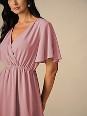 halpa Kukkaiset mekot-Naisten Polvipituinen mekko Morsiusneito mekko A linjainen mekko Tyylikäs Flounce Sleeve Häävieras Cocktailjuhla Normaali Tavallinen Lyhythihainen V kaula-aukko Punastuvan vaaleanpunainen Sininen