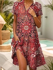 preiswerte Blumenkleid-Damen Minikleid A Linie Kleid Sommerkleid Urlaub Lässig Boho Täglich Normale Passform Blumen Grafik Kurzarm Revers Dunkelbraun Rote Blau Grün Sommer