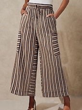 abordables jambe large et taille haute-Femmes Slacks Pantalons Streetwear Occasionnel Longueur complète Naturel Rayé Avec Poches Conception à cordon élastique Confortable Extérieur Rue Sortir Rouge orangé Bleu ciel clair Marine fonc