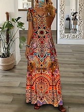 ieftine Rochie boho-Pentru femei Rochie Maxi Rochii Tricou Rochie de Vară Rochie de vară Vacanță Boho Concediu Fit regulat Grafic Tribal Abstract Manșon scurt Stil Nautic Galben Albastru piscină Mov Portocaliu Var