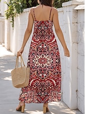 tanie Sukienki boho-Damskie Sukienka maxi Sukienka A line Sukienka na ramiączkach Urlop Codzienny Boho Wyjściowe Plaża Luźny / a Kwiaty Graficzny Bez rękawów W serek Czerwony Pomarańczowy Lato Wiosna