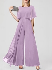 baratos Macacões da mamãe-Jumpsuits para Convidadas de Casamento Elegantes Formais Comprimento Longo Mangas Curtas Decote Joaninha Chiffon com Franjas 2025 tamanho personalizado gratuito