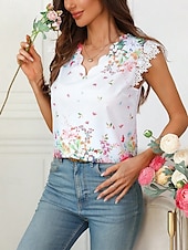 economico Canotta Floreale-Per donna Canotta a canotta Floreale Grafico Quotidiano Casual Senza Maniche Scollo a V Top Regolari Quotidiano Pizzo Patchwork Stampato Bianco Estate