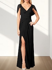abordables Robes pour invitées de mariage-Robes d&#039;invitée de mariage A-Line Élégante Robe Invitée de mariage Fiançailles Longueur de sol Sans manches Col en V Chiffon Dos drapé avec plis Fente