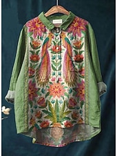 billige Blomstrete topper-Dame Skjorte Blomstret Elegant Bohem Stilfull Langermet Crew-hals Vanlige topper Daglig Ferie Strand Klær Knapper Trykt mønster Blå Fuksia Grønn Beige Lyseblå Sommer Vår