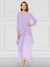 cheap With Jacket-Green Blue Pink Two Piece A-Line Dress Sets Mother of the Bride Dress Elegant Crew Neck Ankle Length Chiffon Long Sleeve Jacket Dresses with Lace Ruffles Tier 2025