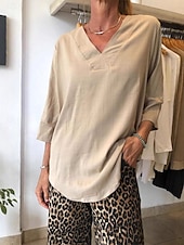 economico Top Semplici da Donna-camicetta da donna in cotone e lino, tinta unita, elegante, casual, manica a 3/4, scollo a V, top normali, per tutti i giorni, per le vacanze, nera, bianca, beige, estate, primavera