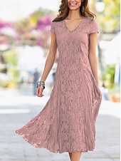 voordelige Thee Lengte-Strandbruiloft Sheath Moeder van de Bruid Jurk Bruiloft Gast Elegant Party Petite V-hals Thee Lengte Kant Korte Mouw met Plissee Effen Kleur gratis maatwerk