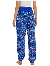 cheap Graphic Cotton Linen Pant-Women&#039;s Linen-Inspired Pants Wide Leg Pants Trousers Ethnic Style Casual Boho Full Length High Waist Floral Graphic Pocket Elastic Waist Printing Breathability Soft Micro-elastic Outdoor Yoga Blue