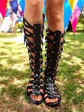 cheap Vacation Sandals-Women&#039;s Black Knee-High Gladiator Sandals – Open Toe, Strappy Roman Style with Rivet Details, Flat Sole, Festival Footwear for Summer, Ideal for Casual Outings and Beachwear