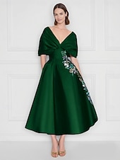 abordables Robes de cocktail-Robe cocktail A-Line bleue robe élégante formelle de mariage longueur cheville à manches courtes épaules dénudées en satin avec impression florale brodée poche