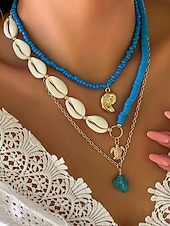 cheap Women&#039;s Necklace-Women&#039;s Boho Layered Shell and Bead Necklace Set – Beach-Style Turquoise Pendant and Gold Charms for Summer Vacations and Festivals
