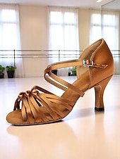 voordelige Latin dansschoenen-Bruine satijnen latin danshakken voor dames – open schoenen met bandjes voor dames, salsa, rumba en tango