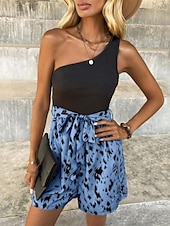 abordables combinaisons formelles-Femmes Normal Combishort Streetwear Imprimé Sans manches Une Épaule Patchwork Cordon de serrage Rue Quotidien Coupe régulière Bleu Vert Abricot Été