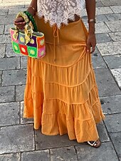 abordables Jupes unies-Jupe Femme Jupe Maxi A-Line Couleur Unie Mode Décontractée Maxi Taille Haute Jupes Unies Poche Impression Micro-Élastique Rue Quotidienne Noir Blanc Orange Vert Été Mélange Polyester Coton