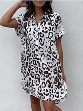 cheap Women&#039;s Graphic Tops-Women&#039;s Mini Dress Shirt Dress Casual Dress Summer Dress Fashion Modern Daily Weekend Regular Fit Floral Leaf Long Sleeve Shirt Collar Black White Blue Green Summer