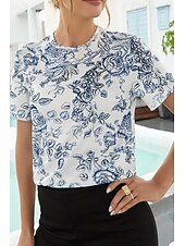 billige Blomster t-skjorte-Dame T skjorte Blomstret Moderne Fritid Kortermet Crew-hals Vanlige topper Daglig Helg Trykt mønster Hvit Sommer