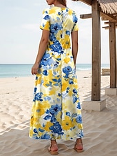 preiswerte Blumenkleider-Damen Midikleid Sommerkleid A Linie Kleid Urlaub Lässig Strand Täglich Ausgehen Normale Passform Blumen Grafik Kurzarm Rundhalsausschnitt Gelb Rosa Blau Purpur Sommer