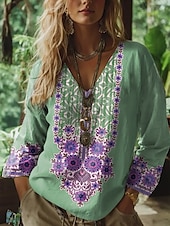 tanie Damskie topy boho-Damskie Bluzka Kwiaty Graficzny W Tureckie Wzory Bohema Zabytkowe Tropikalny Rękaw 3/4 W serek Zwykłe topy Z marszczeniami Haft Nadruk Niebieski Fioletowy Zielony Khaki Lato Wiosna