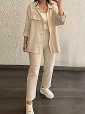 abordables Ensembles-Femmes Mode Streetwear Ensembles en coton et lin Ensembles deux pièces Ensembles de Pantalons manche longue Col de chemise Uni Tenue quotidienne Date Rose Claire Vert Beige Été Coupe régulière