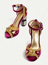 economico Scarpe vintage da donna-sandali da donna in velluto bordeaux con decorazioni dorate – sandali con cinturino alla caviglia in stile barocco con tacchi a blocco decorativi per eventi formali, feste in maschera e spettacoli teatrali