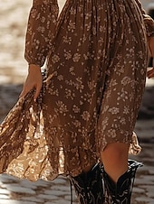 abordables Robes Bohémiennes-Femmes Robe Midi Robe Décontractée Robe évasée Robe d&#039;été Robe bohème ancien Vacances Quotidien Sortir Coupe régulière Fleuri manche longue Col en V Marron Été