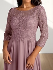 abordables Longueur du thé-Robe Mère de la Mariée A-Line Invité de Mariage Élégante Col Arrondi Longueur Thé Chiffon Manches 3/4 avec Plis Appliques Robe Midi 2025