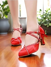 abordables Chaussures de danses latines-Chaussures de danse de salon en satin rose à strass pour femmes - Sandales à talons bas pour spectacles latins, pour mariages et entraînements
