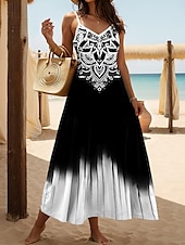 abordables Robes Boho-Femmes Robe maxi Robe trapèze Robe Nuisette Vacances Occasionnel Boho Sortir Plage Coupe régulière Fleuri Graphique Sans manches Col en V Noir Vert Été Printemps