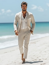 cheap Beach Suits-Men&#039;s Casual Linen Suits Beige Half Lined Lightweight Summer Solid Colored Standard Fit 2 Piece Single Breasted One-button