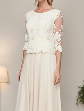 abordables Longueur du thé-Robe Mère de la Mariée A-Line Élégante Simple Minimaliste Col Arrondi Longueur Thé Chiffon Dentelle Manches Mi-Longues avec Appliques en Dentelle Florale Robe Midi 2025