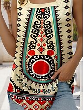 billige Boho tank topp-Dame Camisole Tank Top Grafisk Geometrisk Stilfull Fritid Ermeløs Firkantet hals Vanlige topper Daglig Ferie Ut på byen Rynket Broderi Trykt mønster Gul Sommer Vår