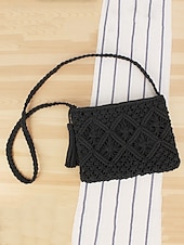 olcso Keresztpántos táskák-női kézzel szőtt boho crossbody táska – vintage makramé válltáska bojttal tengerparti nyaraláshoz és hétköznapi ruhákhoz szín fekete fehér rózsaszín