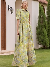 billige blomster-Jacquard Brokade Blomstret A-Linje Kvelds kjole Elegant Kjole Formell Bryllup Gulvlengde Kort Erme Skjortekrage Nylon med Splitt Lomme Bryllupsgjest Kjole