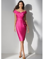 abordables Robes de cocktail-Robe de cocktail élégante en satin extensible jaune et vert, tenue de soirée formelle pour invités de mariage, longueur thé, manches courtes, épaules dénudées, avec fente, 2025