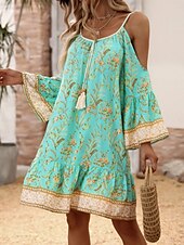 economico Abiti Boho-Per donna Mini Abito Abito a trapezio Abito Sottoveste Abito a spalle scoperte Casual All&#039;aperto Uscire Spiaggia Vestibilità comoda Floreale Grafico Manica Lunga Spalline sottili Blu marino Verde