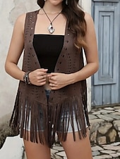 billige Boho topper-Dame Bluse عادي Moderne Fritid Ermeløs V-hals Vanlige topper Daglig Ferie Ut på byen Frynser Svart Brun Kakifarget Sommer