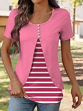 billige Stripe og geometrisk t-skjorte-Dame T skjorte Blomstret Grafisk Elegant Årgang Stilfull Kortermet Crew-hals Rund hals Vanlige topper Daglig Ut på byen Lapper Knapper Lag-på-lag Rosa Blå Lilla Sommer Vår