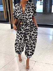 preiswerte Urlaubsoverall-Frauen Jumpsuit Aktiv Leopard Halbarm Hemd Kragen Hoch geschnitten Urlaub Täglich Regelmäßiger Schnitt Schwarz Braun Khaki Sommer