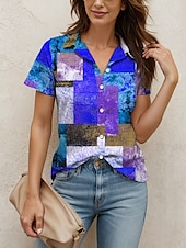 voordelige Dames Strepen &amp; Geometrische Tops-Dames Overhemd Grafisch Geometrisch Vintage Tropisch Dagelijks Korte mouw Kap Overhemdkraag Normale tops Dagelijks Rood blauw Oranje Groen Zomer Lente