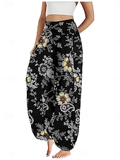billiga Grafisk linnebyxa i bomull-Dam Linneinspirerade byxor Brett skaft Byxor Etnisk Stil Ledigt Boho Fullängd Hög midja Blommig Ficka Elastisk midja Tryck Mateial som andas Mjuk Microelastisk Utomhus Yoga Svart Rosa Marinblå Blå