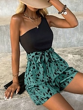 abordables combinaisons formelles-Femmes Normal Combishort Streetwear Imprimé Sans manches Une Épaule Patchwork Cordon de serrage Rue Quotidien Coupe régulière Bleu Vert Abricot Été